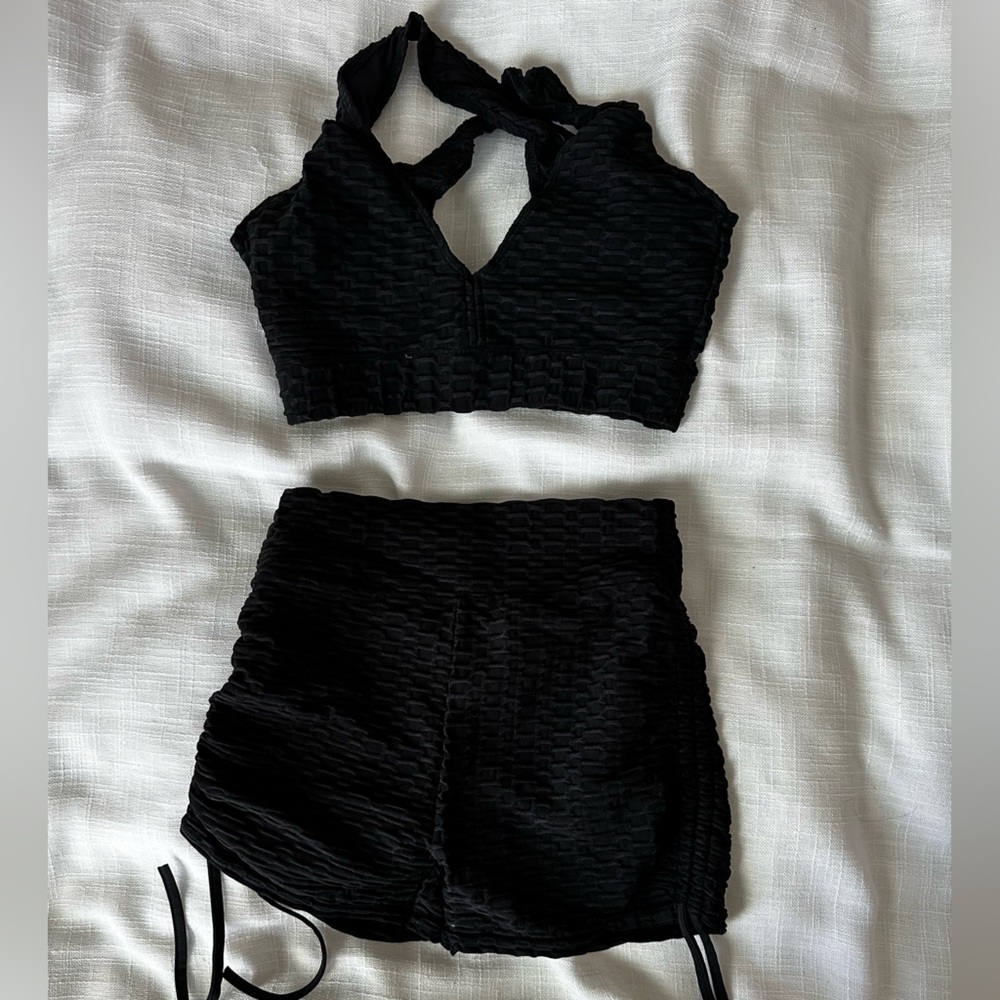 Forever 21 Black Textured Lounge Crop Top and Shorts Set